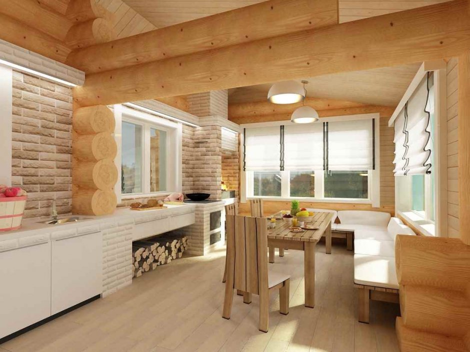 Кухня в скандинавском стиле в деревянном доме