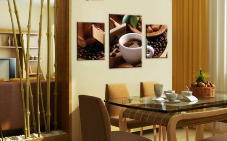 Картины с кофе в интерьере кухни