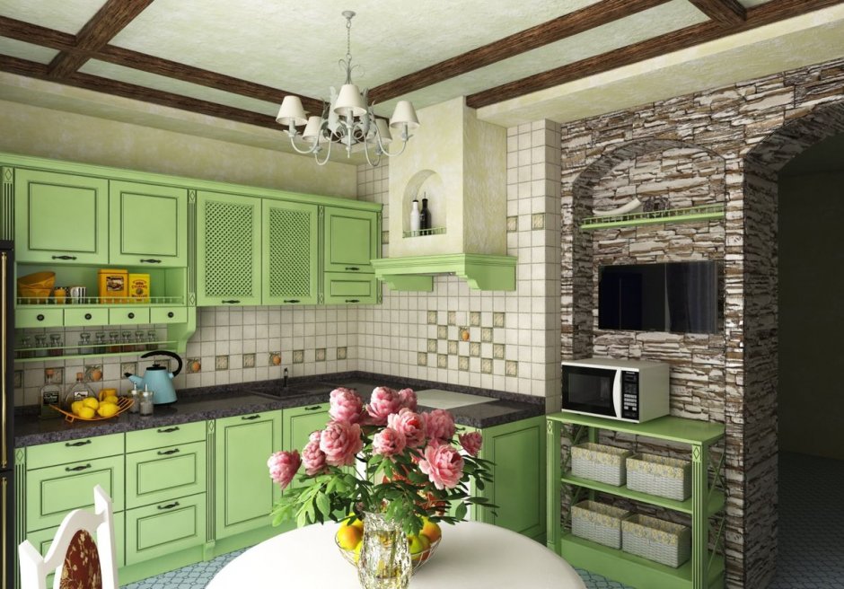 Светло-зелёная кухня в стиле Прованс для квартиры