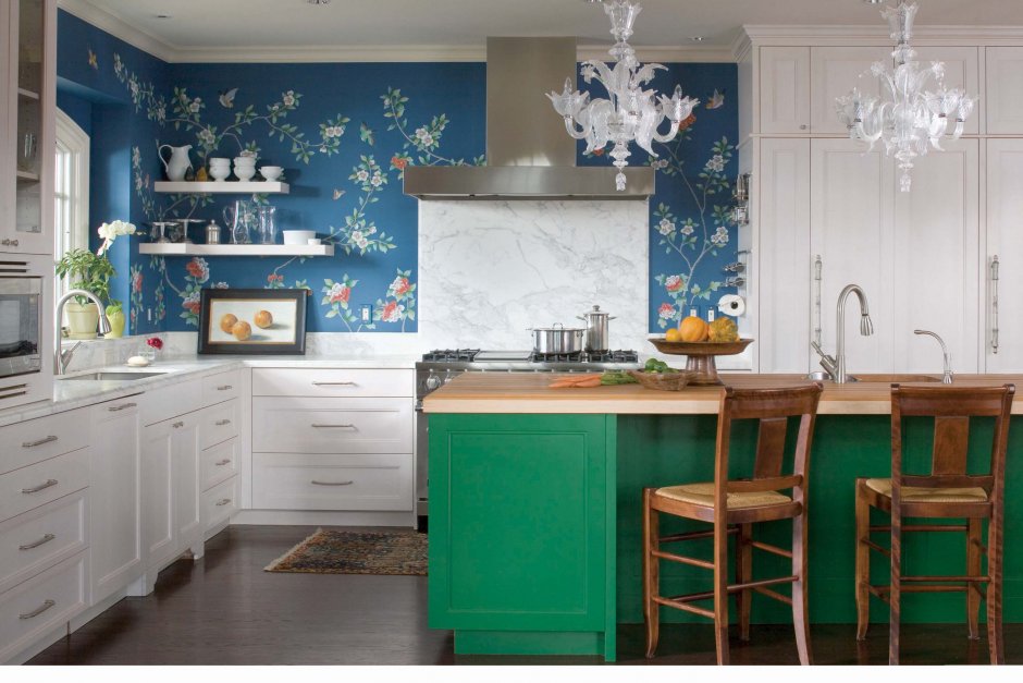 Кухня сине зеленая с белым