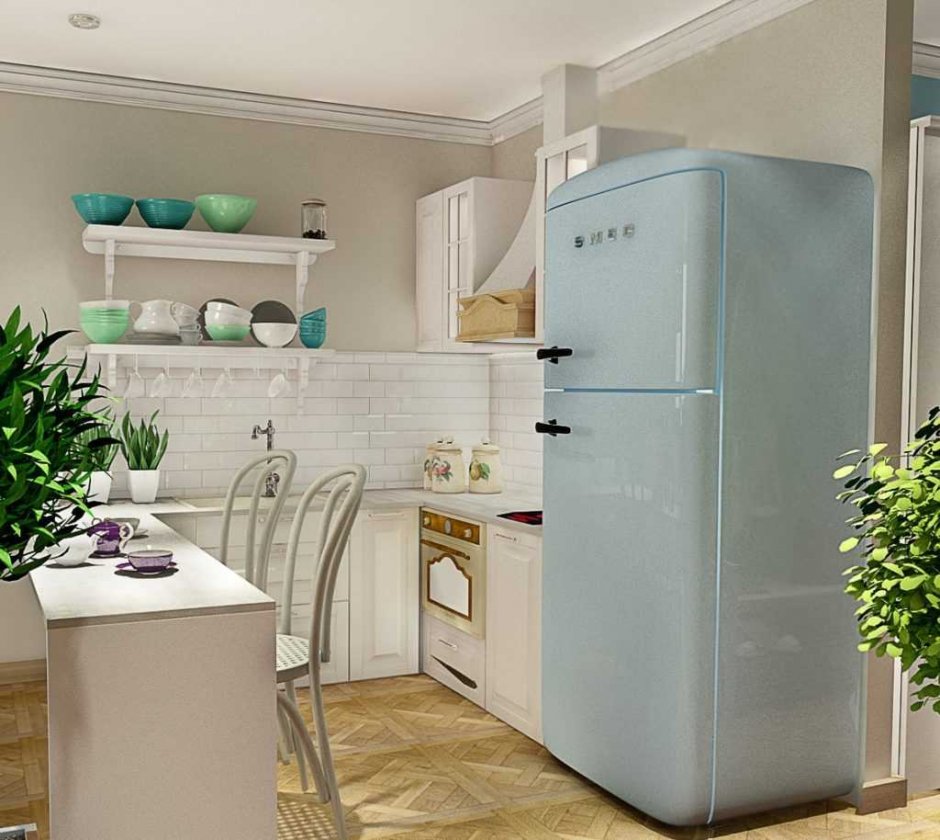 Кухня с голубым холодильником (63 фото)