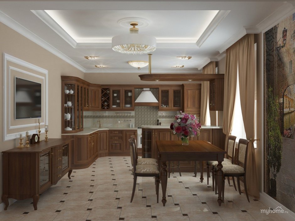 Гостиная столовая в доме в классическом стиле