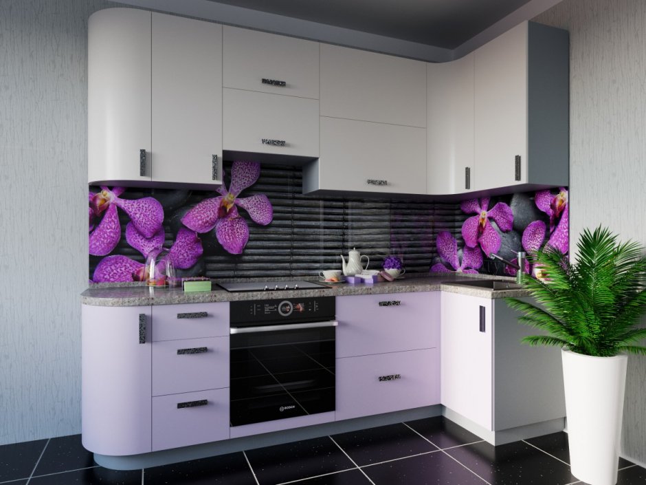 Кухонный гарнитур фиолетовый с орхидеей