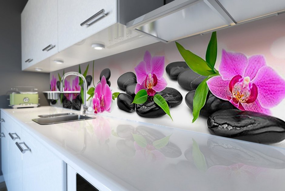 Фартук для кухни орхидеи на камнях