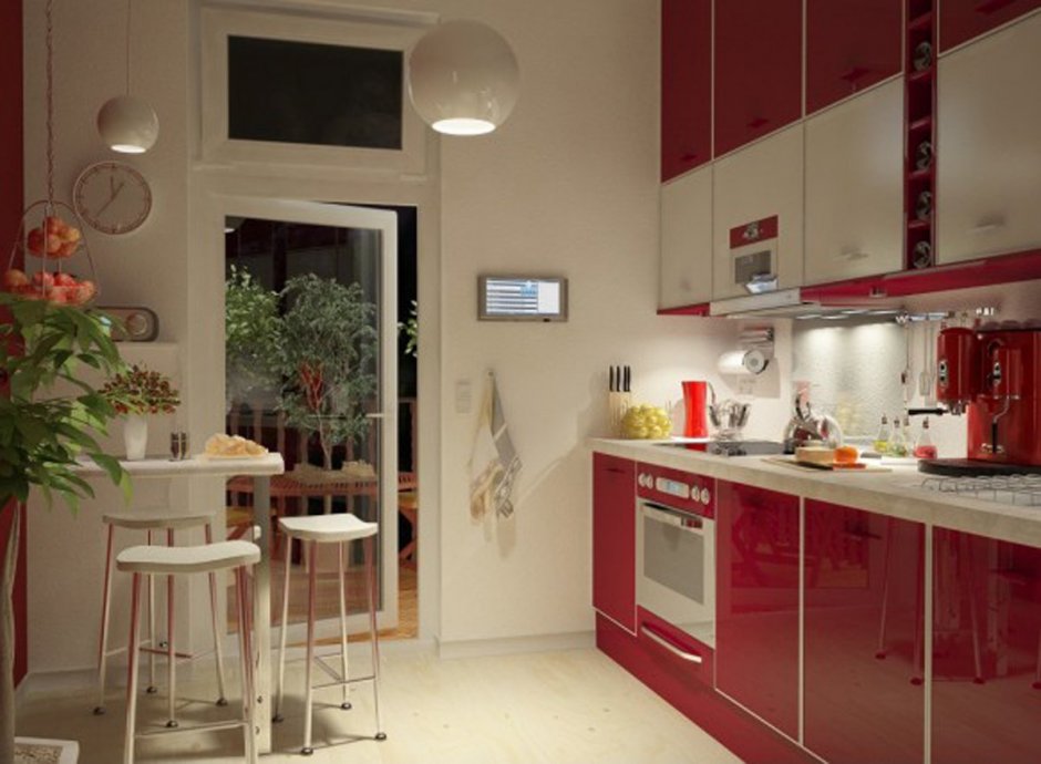 Красная кухня с бежевыми стенами