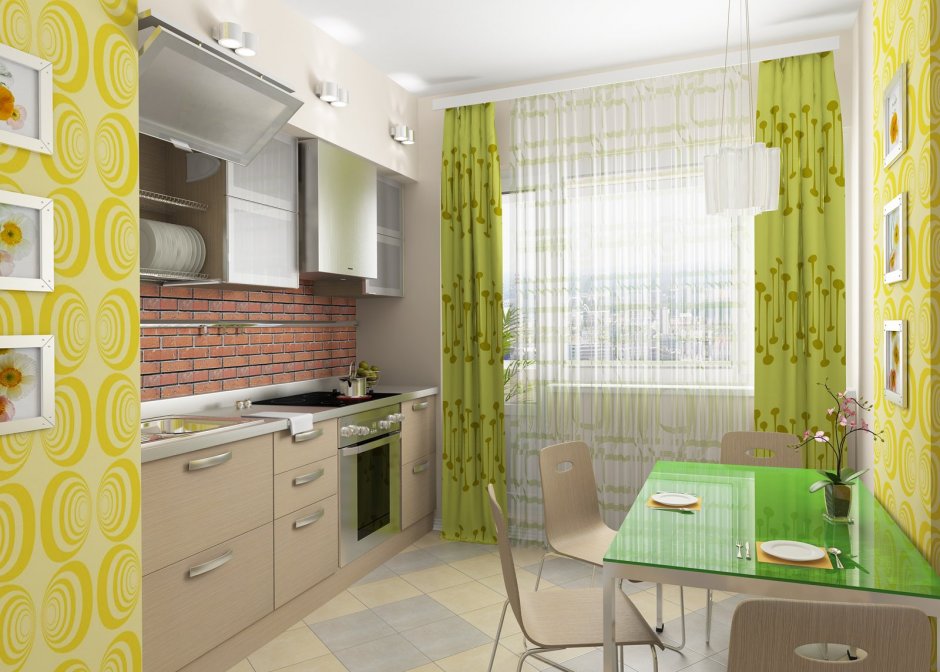 Зелёные шторы в интерьере кухни