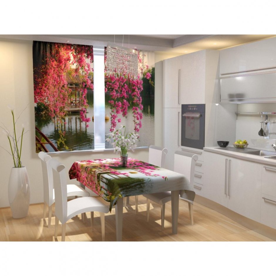 Кухня белая с живыми цветами