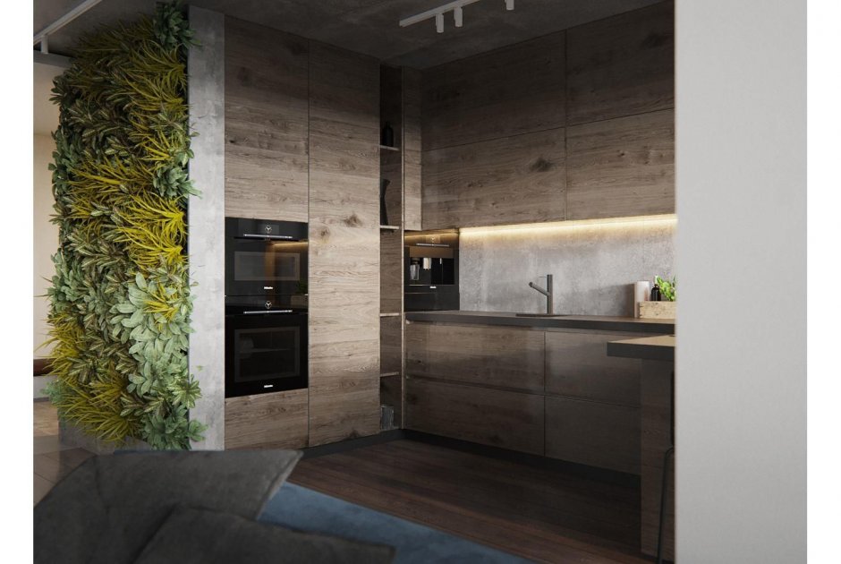 Кухня бетон и дерево интерьер