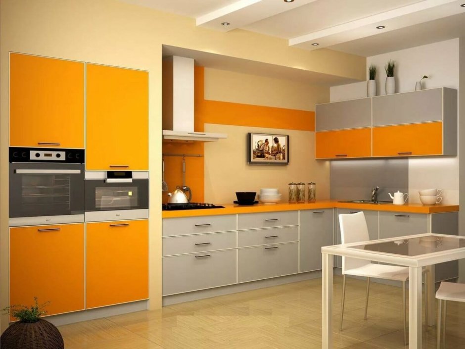 Кухня оранжевая с серым