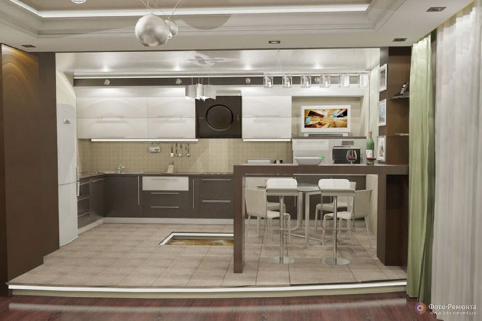 Кухни на подиуме совмещенные с гостиной