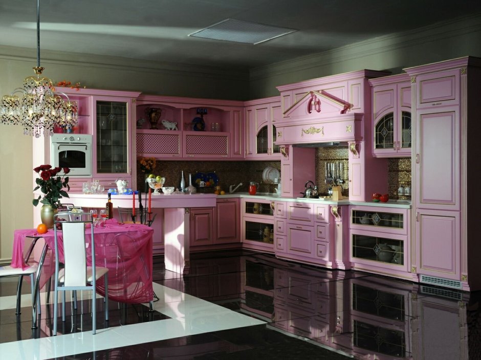 Кухня розовая с серым (31 фото)