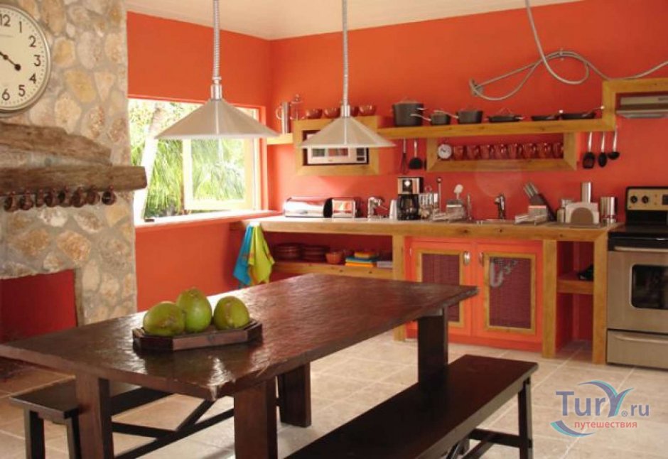 Коралловый цвет стен на кухне