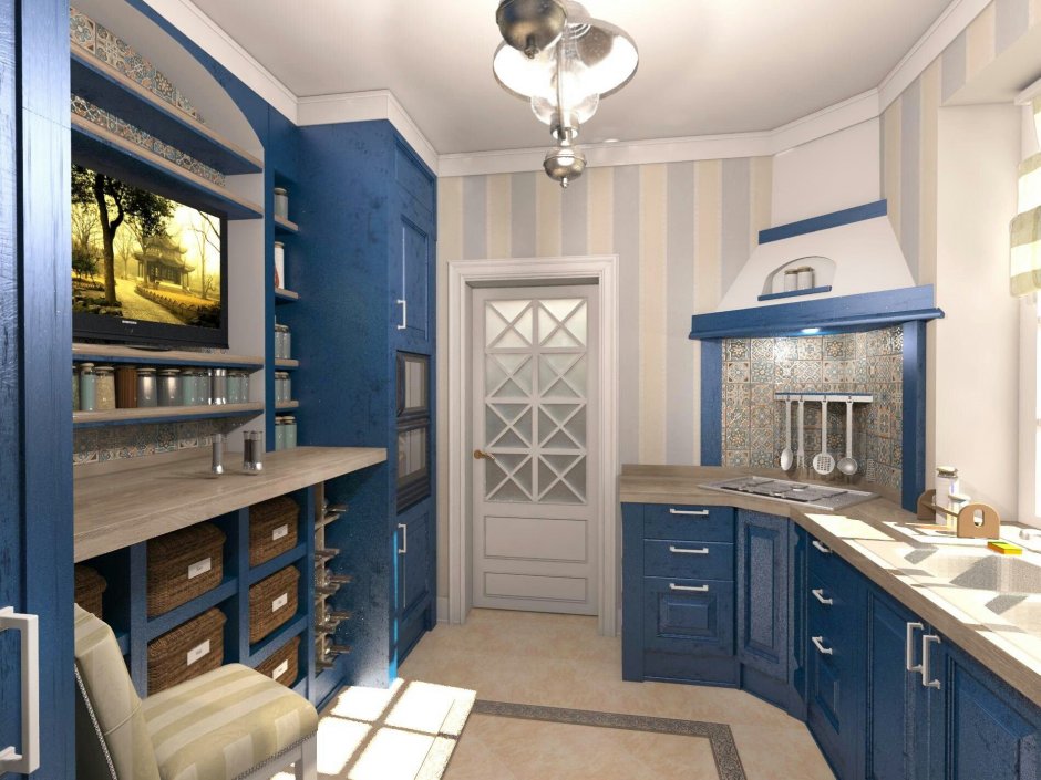 Синяя кухня в интерьере Прованс