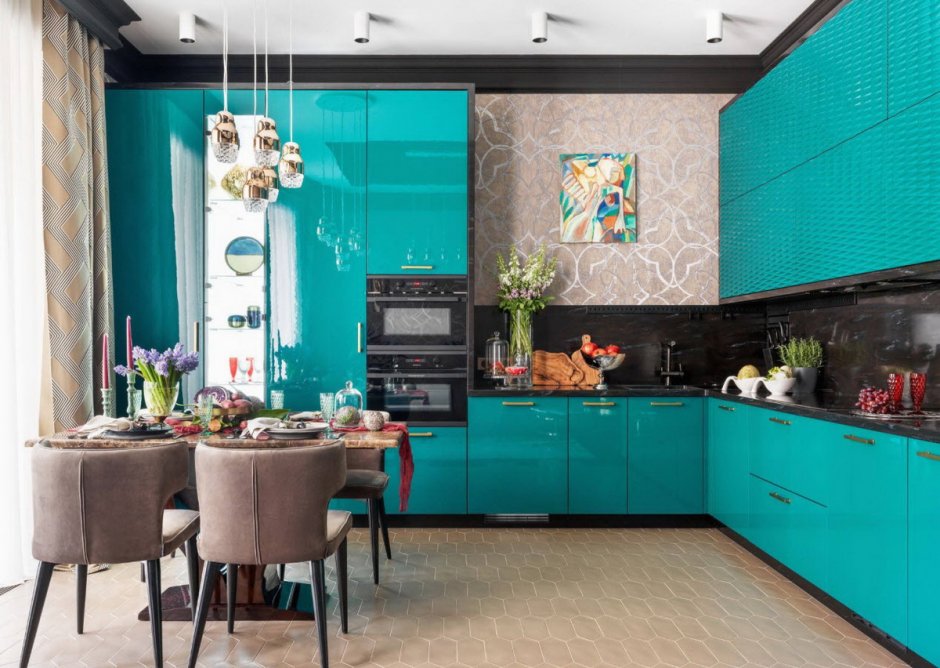 Бирюзовый цвет в интерьере кухни