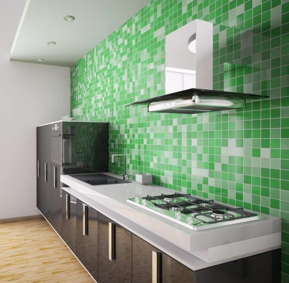 Зеленая плитка на кухне (34 фото)