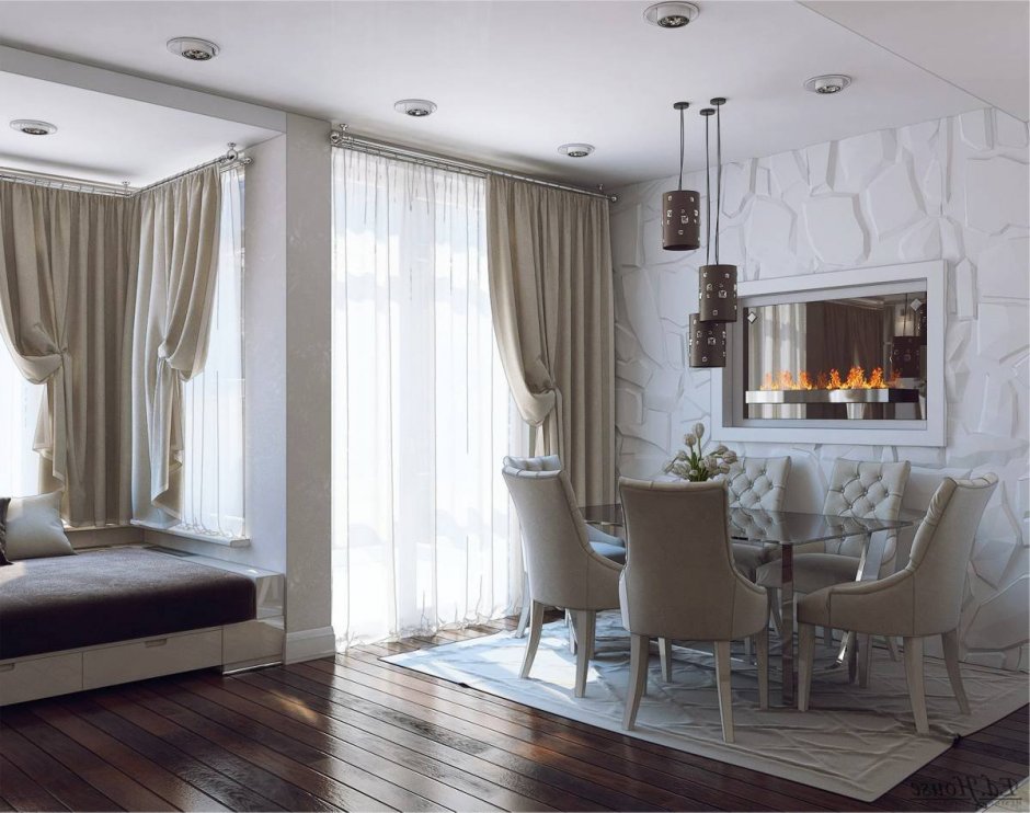Кухня гостиная классика с панорамными окнами