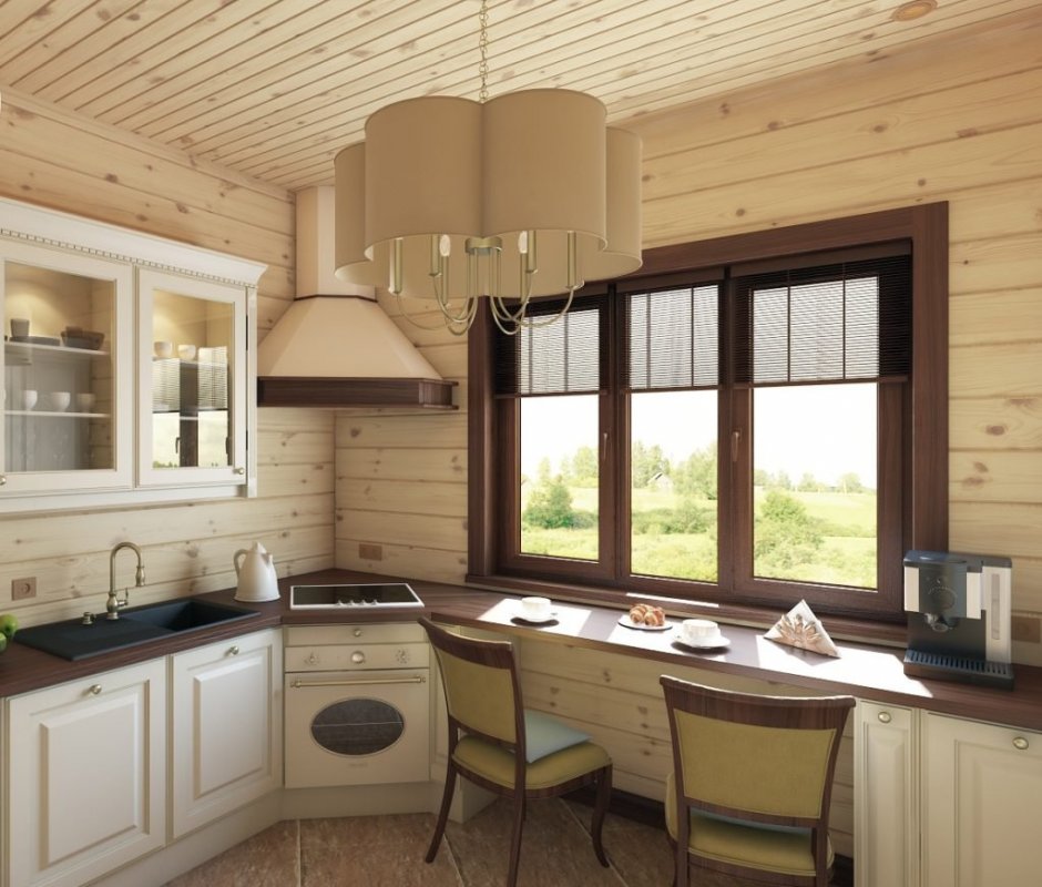 Кухня в деревянном доме с окном (31 фото)