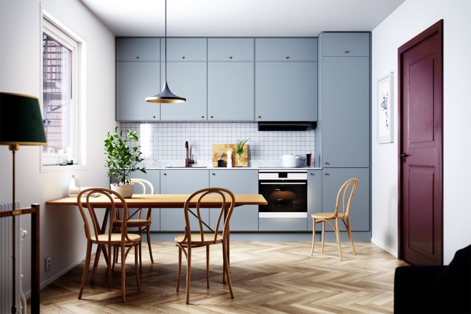 Кухня в скандинавском стиле с голубыми стенами