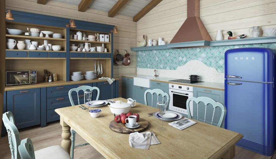 Голубая кухня в деревянном доме (29 фото)