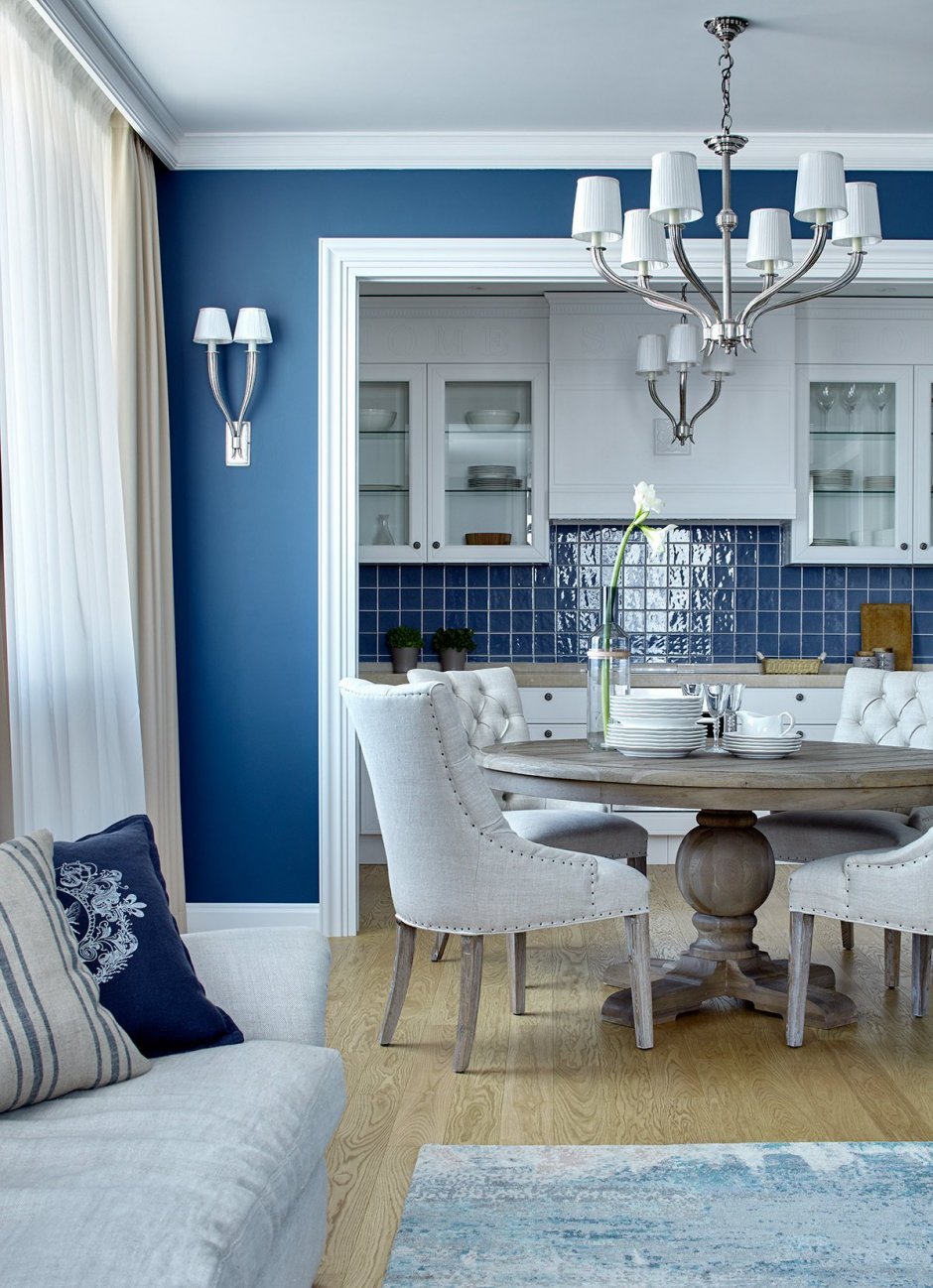 Синяя кухня гостиная (32 фото)