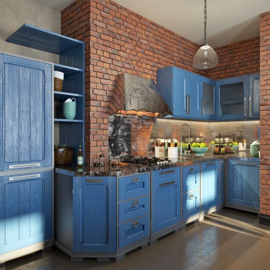 Кухня в стиле лофт синяя с белым