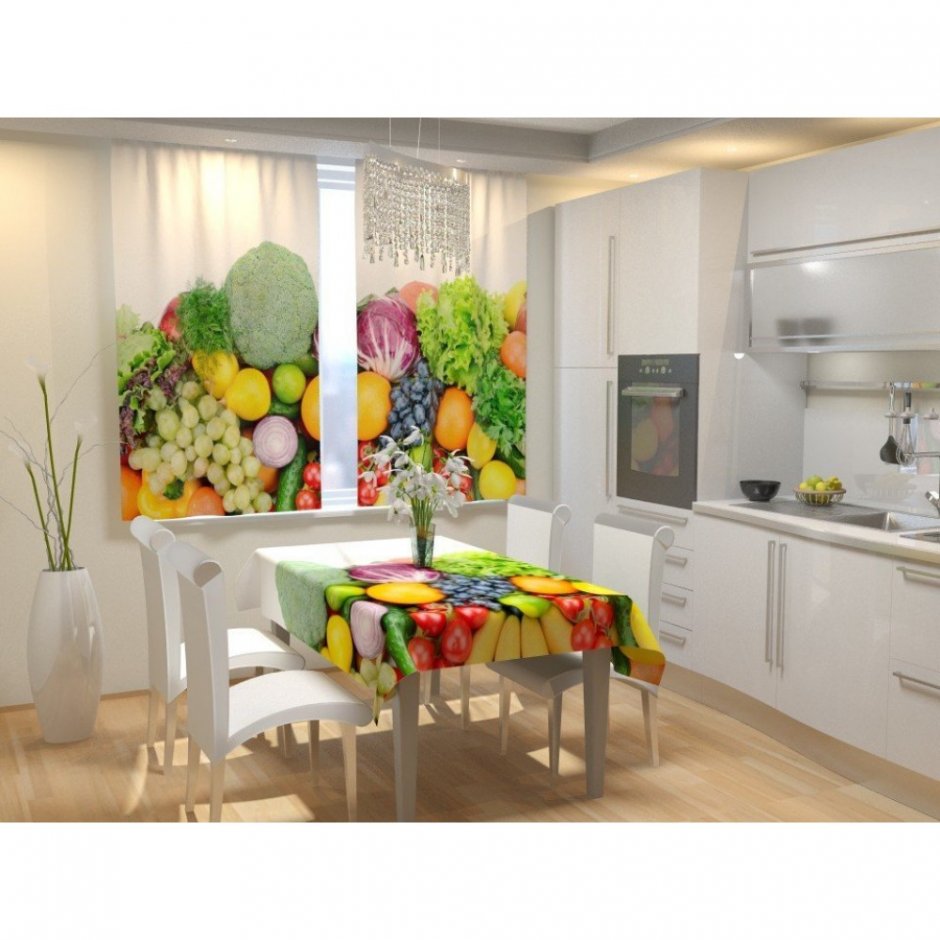 Кухонные шторы с фруктами в интерьере