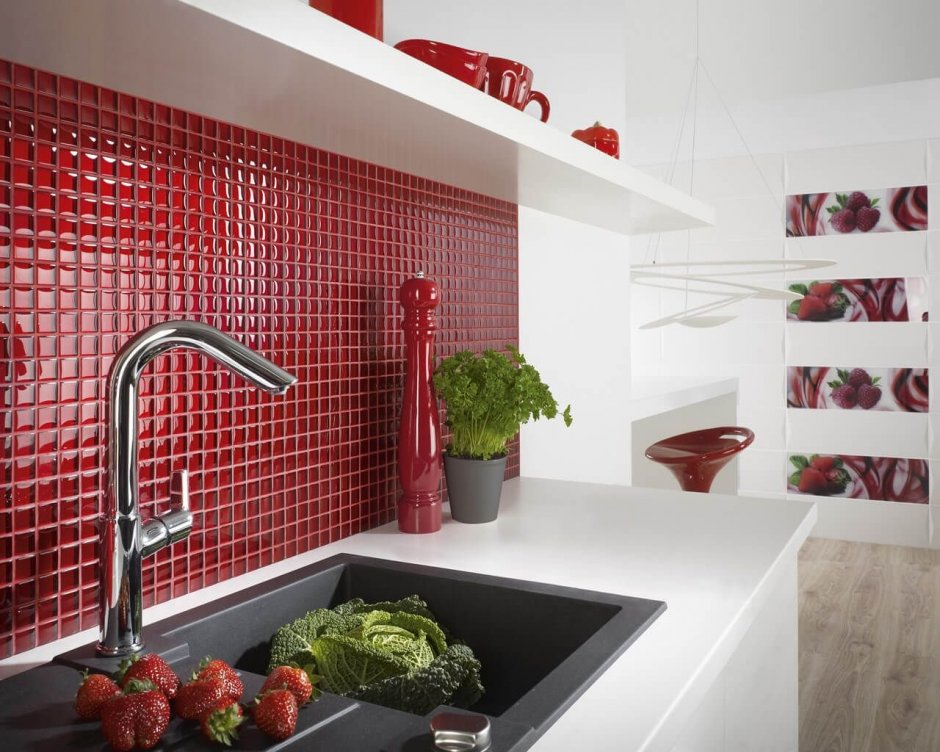Красная плитка на кухне (32 фото)