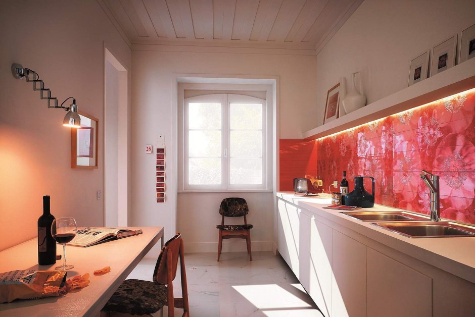 Красные стены в интерьере кухни