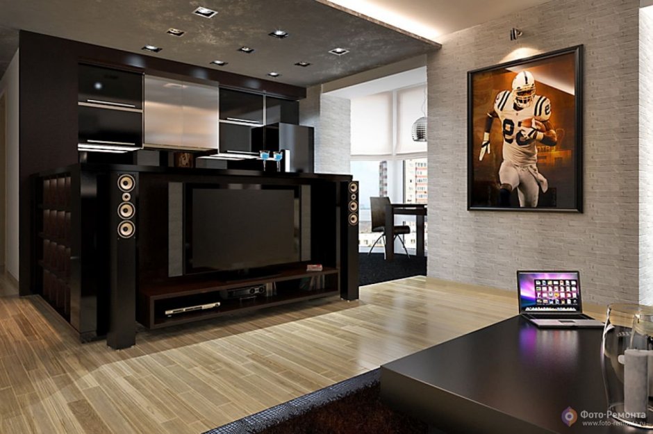 Встроенный на кухне гостиной большой телевизор