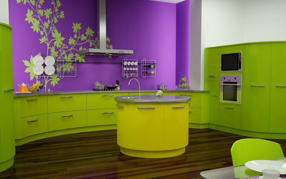 Интерьер кухни в фиолетово зеленых тонах