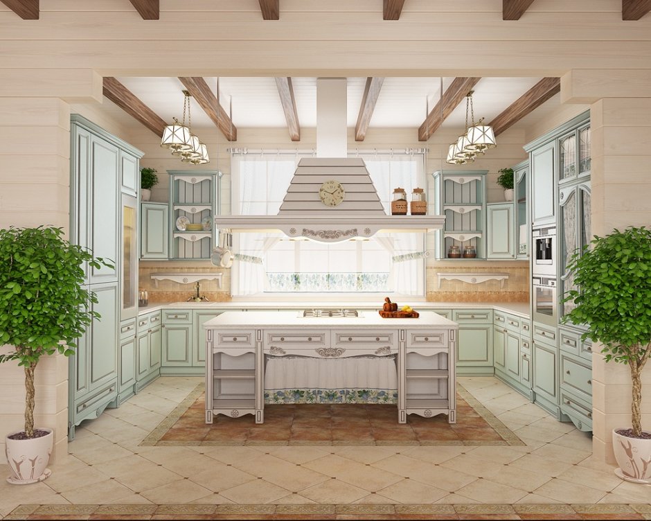 Кухня-гостиная в стиле Прованс в деревянном доме