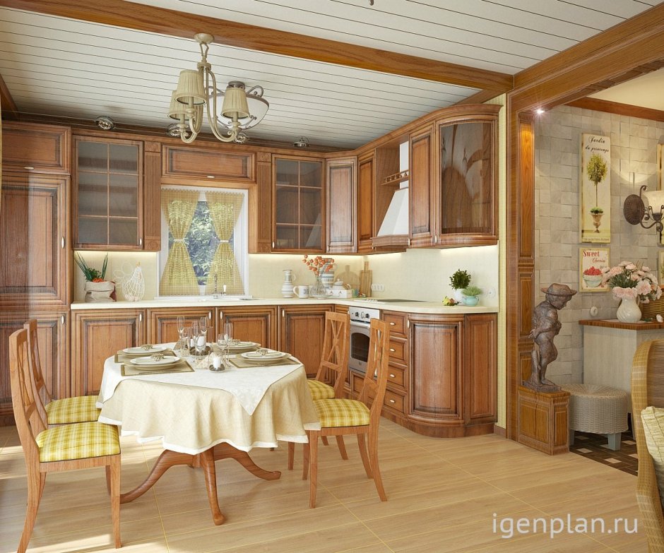Кухня-гостиная в стиле Прованс в деревянном доме
