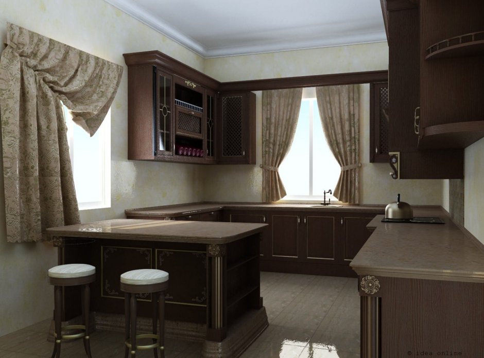 Кухня в классическом стиле с коричневыми окнами