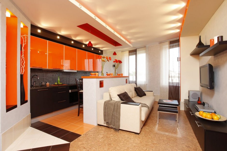 Кухня-гостиная зонирование потолка