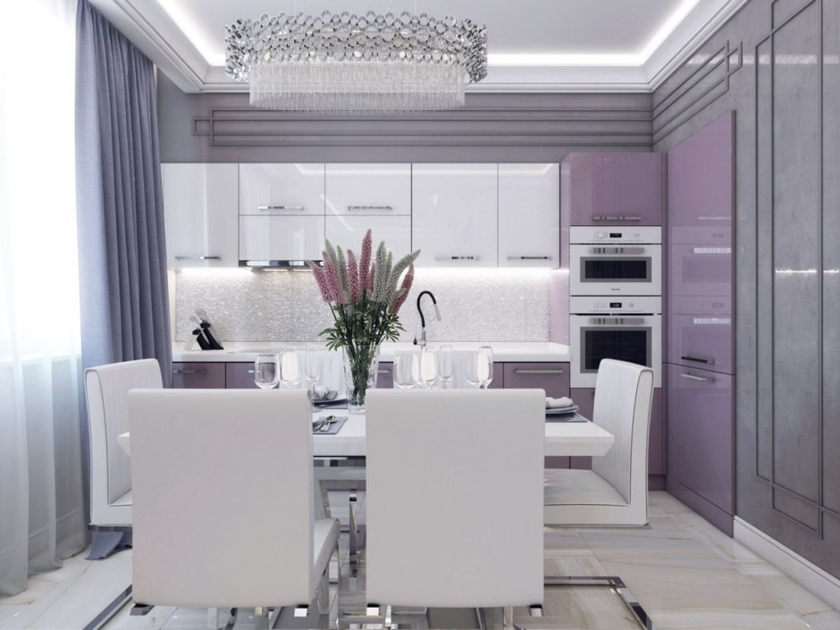 Кухня гостиная в серо фиолетовых тонах