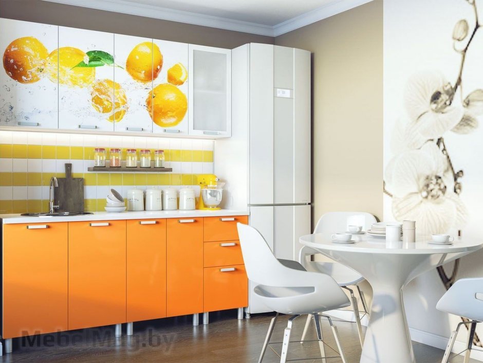 Фотообои на всю стену с рисунком апельсина на кухне
