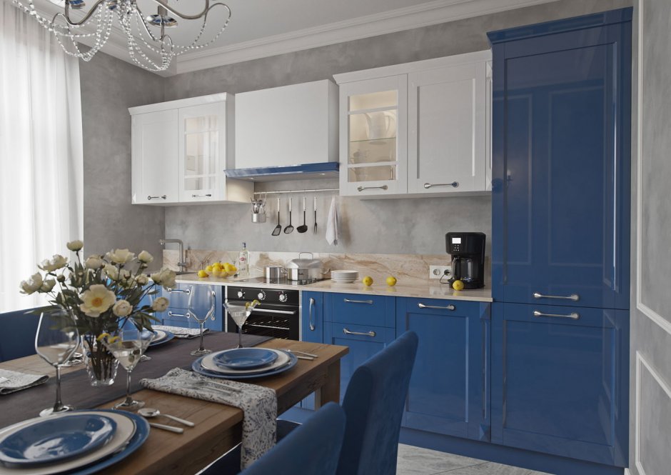 Синяя кухня Неоклассика (32 фото)