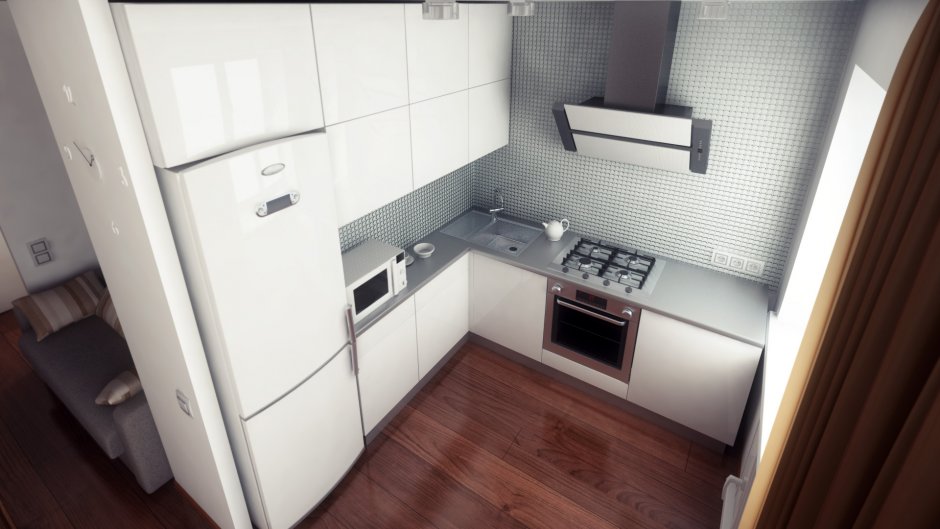 Маленькая угловая кухня с холодильником