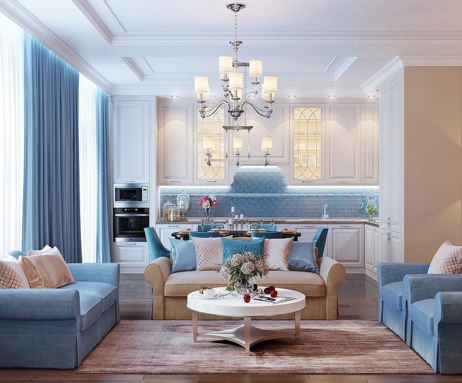 Гостиная Неоклассика с синим диваном