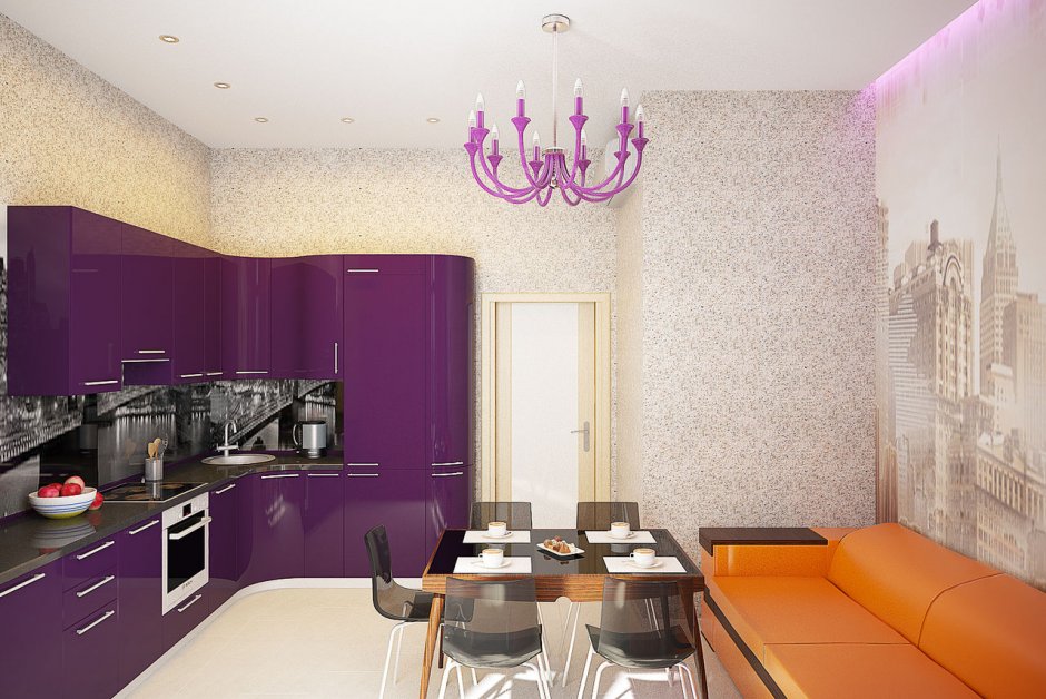 Фиолетовые обои на кухне