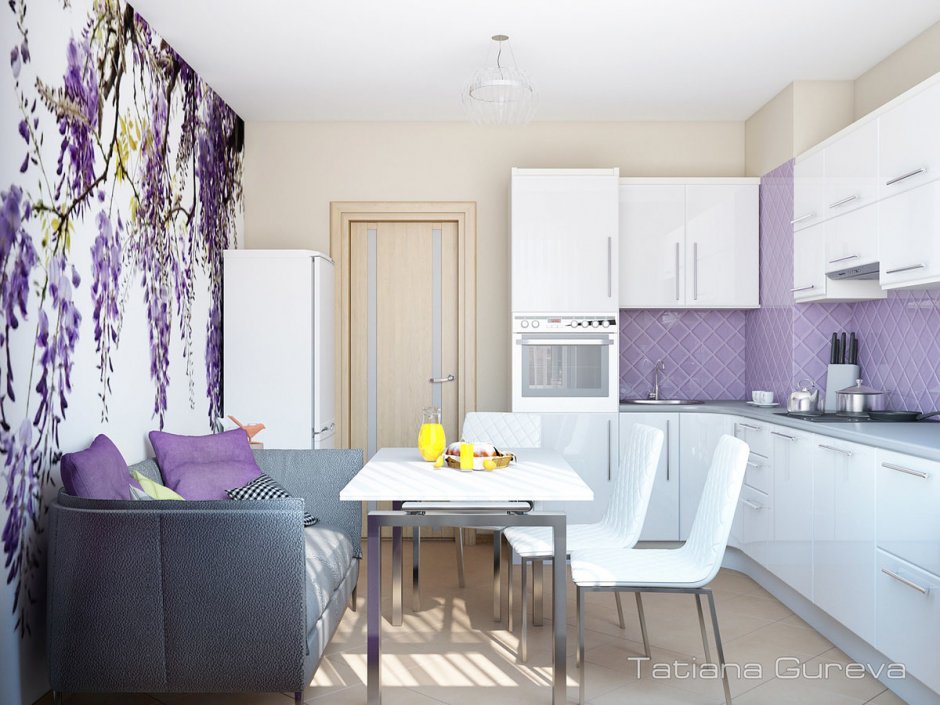 Серые кухни с фиолетовым декором