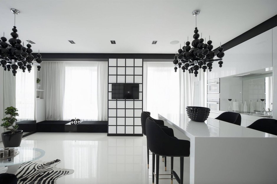 Кухня гостиная в черно белых тонах (35 фото)