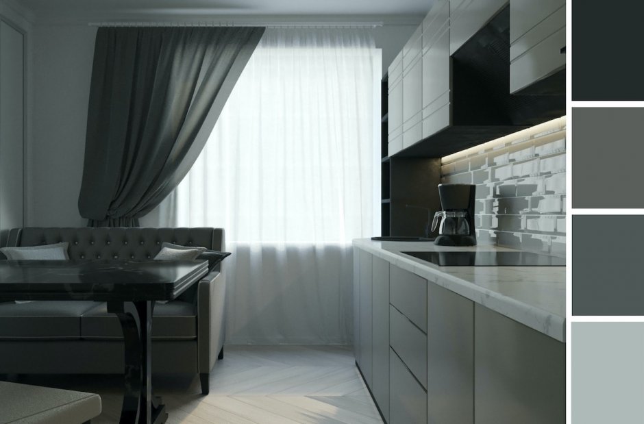 Серо бело черная кухня какие шторы подобрать