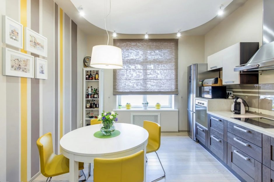 Серый и желтый в интерьере кухни