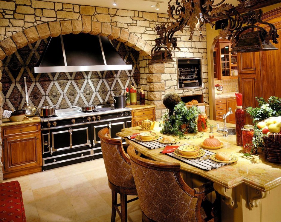 Кухня в стиле Кантри с камином