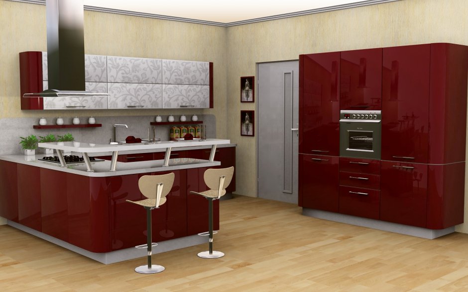 Крашеные кухни бордового цвета