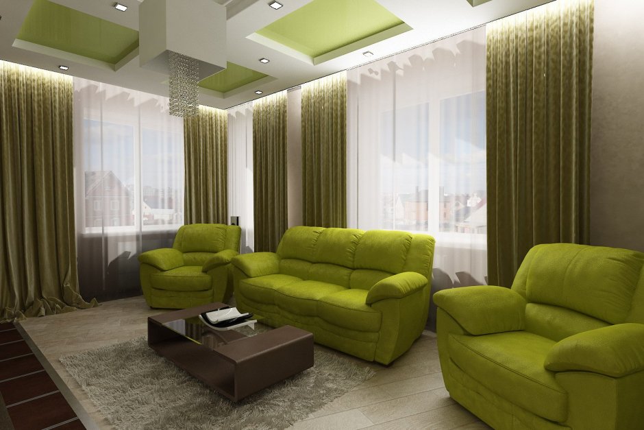 Интерьер зала с зеленым диваном