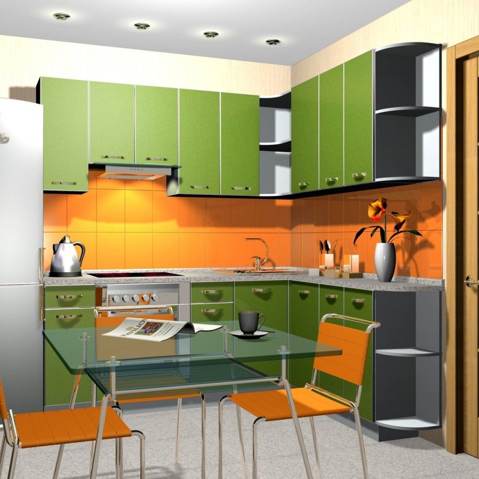 Кухня в оранжево зеленом цвете