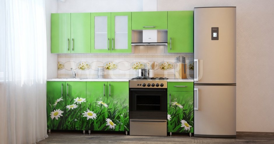 Кухонный зелёный гарнитур с ромашками