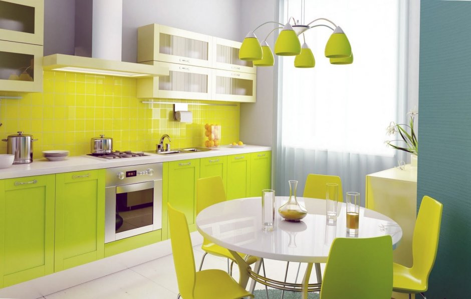 Сочетание цветов в интерьере кухни зеленый и желтый